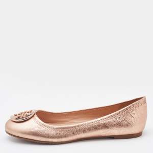 Pre Owned Tory Burch Metallic Rose Gold Leather Ballet Flats Size 38.5