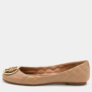 Tory Burch Beige Quilted Leather Quinn Ballet Flats Size 37