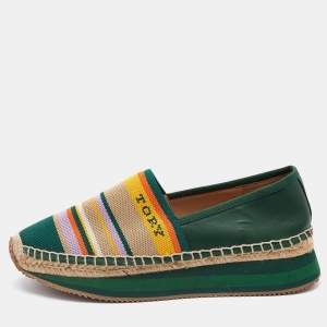Pre Owned Tory Burch Multicolor Leather and Knit Fabric Daisy Logo Espadrille Slip On Sneakers Size 39.5