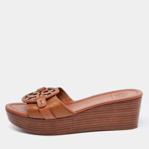 Pre Owned Tory Burch Brown Leather Patti  Platform Sandals Size 37.5