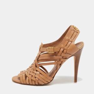 Pre Owned Tory Burch Tan Leather Open Toe  Ankle Strap Sandals Size 39