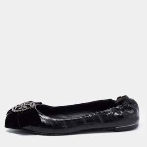Pre Owned Tory Burch Black Leather Ballet Scrunch Flats Size 37.5