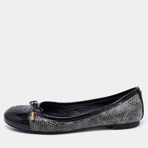 Tory Burch Black/Grey Patent Leather and Embossed Snakeskin Verbena Tribal Ballet Flats Size 37