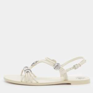 Pre Owned Tory Burch Off White Leather Embellished Flat Sandals Size 35