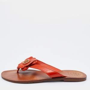 Pre Owned Tory Burch Orange Leather Breely Flower Thong Flats Size 38
