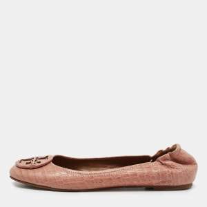 Pre Owned Tory Burch Beige Croc Embossed Leather Reva Ballet Flats Size 39