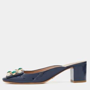 Tory Burch Navy Blue Patent Leather Embellished Block Heel Mules Size 38.5