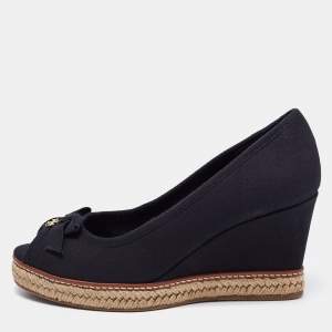 Pre Owned Tory Burch Black  Canvas Jackie Wedge Espadrille Pumps Size 38.5