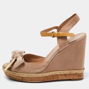 Pre Owned Tory Burch Beige Fabric and Leather Bow Penny Wedge Sandals Size 39.5