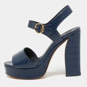 Pre Owned Tory Burch Navy Blue Croc Embossed Leather  Maritine Platform Sandals Size 37.5