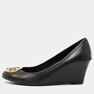 Pre Owned Tory Burch Black Leather Sally Wedge Pumps Size 38