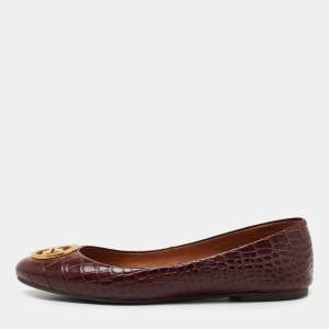 Pre Owned Tory Burch Burgundy Croc Embossed Leather Chelsea Ballet Flats Size 38.5