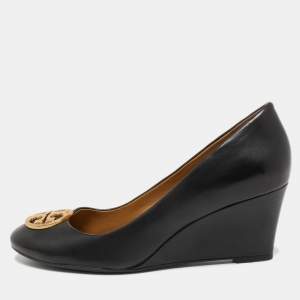 Pre Owned Tory Burch Black Leather Sally Wedge Pumps Size 38