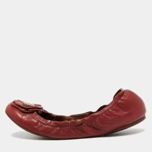 Pre Owned Tory Burch Red Leather Shelby Scrunch Ballet Flats Size 40