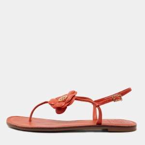 Pre Owned Tory Burch Orange Leather Flower Ankle Strap Flat Sandals Size 40