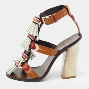 Pre Owned Tory Burch Multicolor Leather Tassels Block Heel Sandals Size 37.5