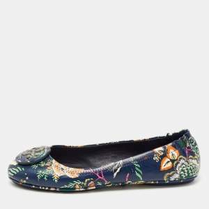 Tory Burch Navy Blue Printed Floral Leather Minnie Travel Ballet Flats Size 38.5