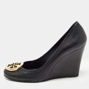 Tory Burch Black Leather Sally Wedge Pumps Size 37.5