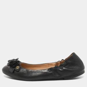 Tory Burch Black Leather Blossom Ballet Flats Size 39