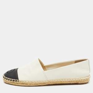 Pre Owned Tory Burch Off-White/Black Leather Logo Cap Toe Espadrille Flats Size 38