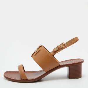 Tory Burch Beige Leather Eleanor Block Heel Slingback Sandals Size 40