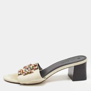 Pre Owned Tory Burch Off White Canvas And Leather Ines Slide Sandals Size 38.5