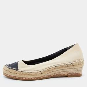 Pre Owned Tory Burch Beige/Black Canvas and Leather Flat Espadrilles Size 36.5 