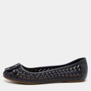 Pre Owned Tory Burch Two Tone Blue Woven Leather Ballet Flats Size 38.5