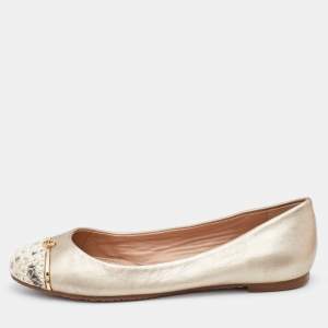 Pre Owned Tory Burch Metallic/Beige Leather and Python Embossed Pacey Ballet Flats Size 37.5
