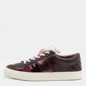 Pre Owned Tory Burch Burgundy Croc Embossed Leather and Patent  Low Top Sneakers Size 39