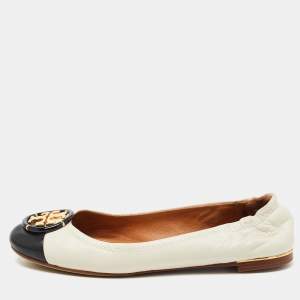 Pre Owned Tory Burch Off White/Black Leather Logo Buckle Ballet Flats Size 38
