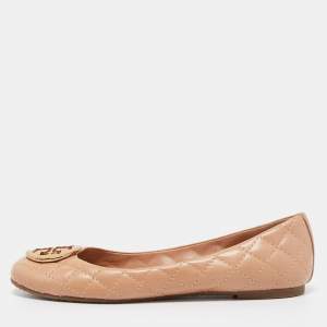 Pre Owned Tory Burch Beige Quilted Leather Quinn Ballet Flats Size 38.5