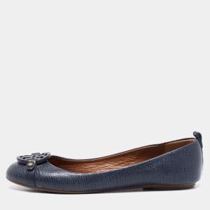 Pre Owned Tory Burch Navy Blue Lizard Embossed Leather Ballet Flats Size 37.5