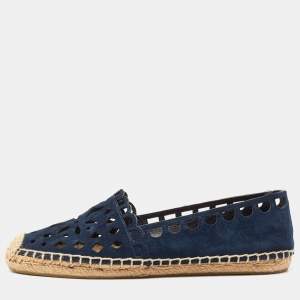 Pre Owned Tory Burch Navy Blue Suede Cutout Espadrille Flats Size 37.5