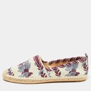 Pre Owned Tory Burch Cream/Red Printed Canvas whipstitch Espadrille Flats Size 39.5