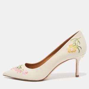 Pre Owned Tory Burch Cream Patent Leather Flower Embroidered Elizabeth Pointed Toe Pumps Size 39.5