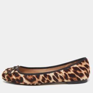 Pre Owned Tory Burch Black/Brown Leopard Print Calf Hair Laila Square Toe Ballet Flats Size 38.5