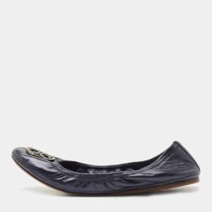 Pre Owned Tory Burch Metallic Blue Leather Scrunch Ballet  Flats Size 40.5