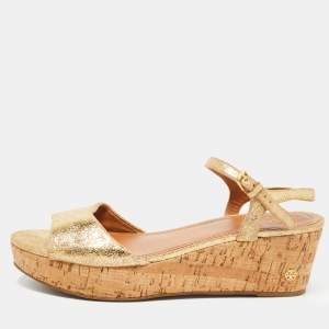 Pre Owned Tory Burch Gold Leather Ankle Strap Platform Sandals Size 41
