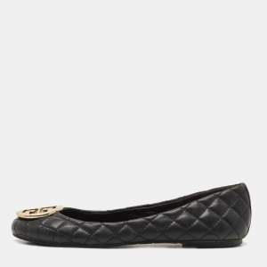 Pre Owned Tory Burch Black Quilted Leather Reva Ballet Flats Size 38.5
