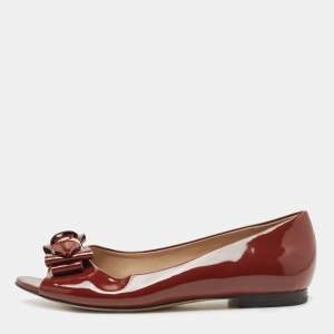 Pre Owned Tory Burch Burgundy Patent Leather Bow Peep Toe Ballet Flats Size 37.5