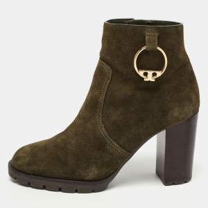 Pre Owned Tory Burch Green Suede Sofia Lugged Logo Charm Ankle Boots Size 38.5