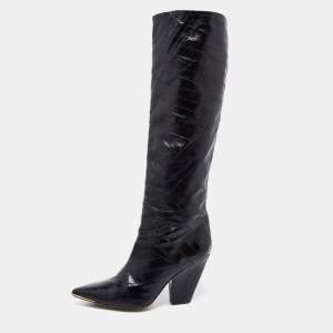 Pre Owned Tory Burch Black Eel Leather Knee Length  Boots Size 39