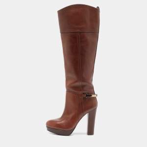 Pre Owned Tory Burch Brown Leather Zip Detail Knee Length Platform Knee Length Boots Size 35