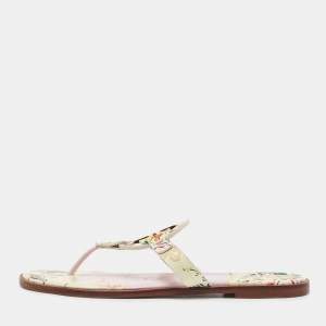Pre Owned Tory Burch Cream/Pink Printed Leather Miller Thong Flats Size 38.5