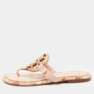 Pre Owned Tory Burch Pink Leather Enamel Logo Miller Thong Flats Size 36.5