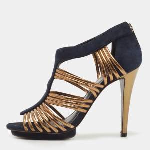 Pre Owned Tory Burch Blue/Gold Suede and Leather Strappy Sandals Size 40