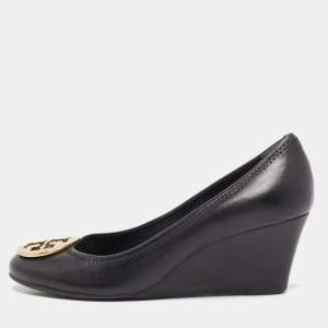 Pre Owned Tory Burch Black Leather Sophie Wedge Pumps Size 39.5 