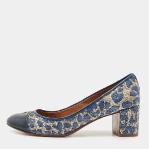 Pre Owned Tory Burch Blue/Cream Printed Raffia and Leather Ethel Pumps Size 39.5