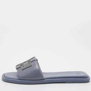 Tory Burch Ash Blue Patent Leather Double T Sport Slides Size 39.5